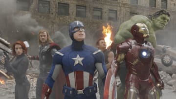 Scarlett Johansson, Chris Hemsworth, Chris Evans, Jeremy Renner, Mark Ruffalo, and Robert Downey Jr. in The Avengers (2012) ©Marvel 2012