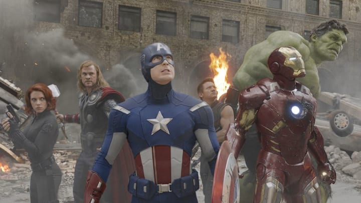 Scarlett Johansson, Chris Hemsworth, Chris Evans, Jeremy Renner, Mark Ruffalo, and Robert Downey Jr. in The Avengers (2012) ©Marvel 2012