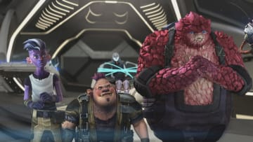 “Starstruck” Ep#103 -- Brett Gray as Dal, Jason Mantzoukas as Jankom Pog, Ella Purnell as Gwyn, Rylee Alazraqui as Rok-Tahk and Angus Imrie as Zero of the Paramount+ series Star Trek: Prodigy . Photo: Nickelodeon/Paramount+ ©2021 VIACOM INTERNATIONAL. All Rights Reserved.