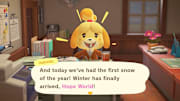 Screenshot of Isabelle announcing the first snow in ACNH