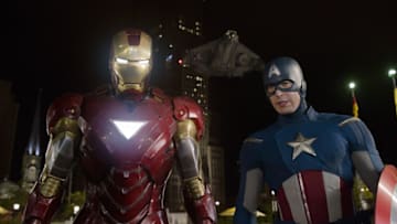 Robert Downey Jr. and Chris Evans in The Avengers (2012) ©Marvel 2012 