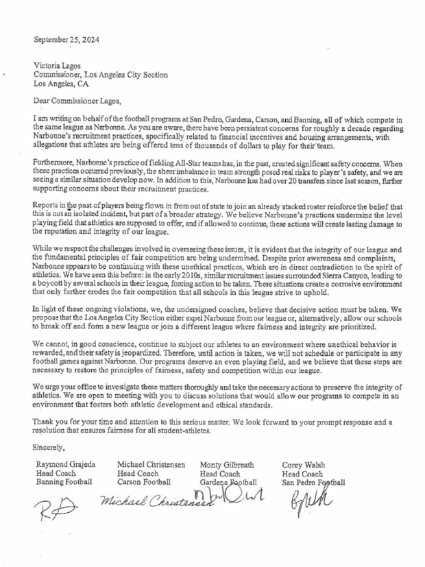 Letter from Marine League coaches to LA City Section commissioner Vicky Lagos stating it will not participate against Narbonn
