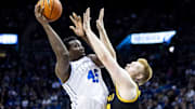BYU center Fousseyni Traore (45) shoots the ball over Idaho Vandals forward Kyson Rose (34) during an NCAA men’s basketball game held at the Marriott Center on the campus of Brigham Young University in Provo on Saturday, Nov. 16, 2024. 