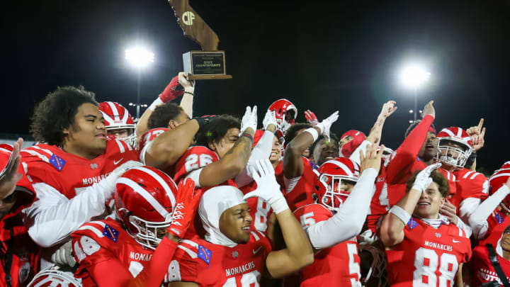 Mater Dei celebrates the 2023 CIF Open Division state title after a convincing win over Serra at Saddleback College in Mission Viejo. 