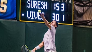 TCU's Pedro Vives serves during his finals match on Sunday night. He was tied 3-3 in the 3rd set before giving up the break, which allowed Wake Forest to win the national championship a few games later. 