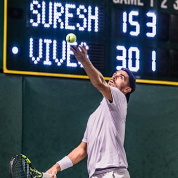 TCU's Pedro Vives serves during his finals match on Sunday night. He was tied 3-3 in the 3rd set before giving up the break, which allowed Wake Forest to win the national championship a few games later. 