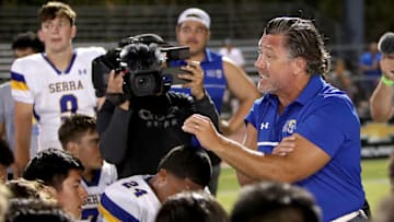 San Mateo Serra football coach always instills passion into his team as shown here following the school's first win ever over De La Salle 24-21 in 2022.