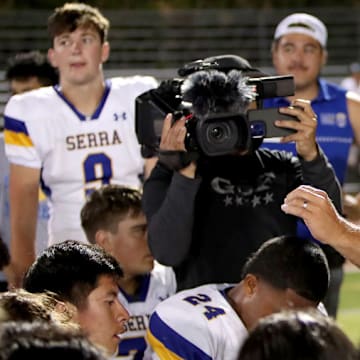 San Mateo Serra football coach always instills passion into his team as shown here following the school's first win ever over De La Salle 24-21 in 2022.
