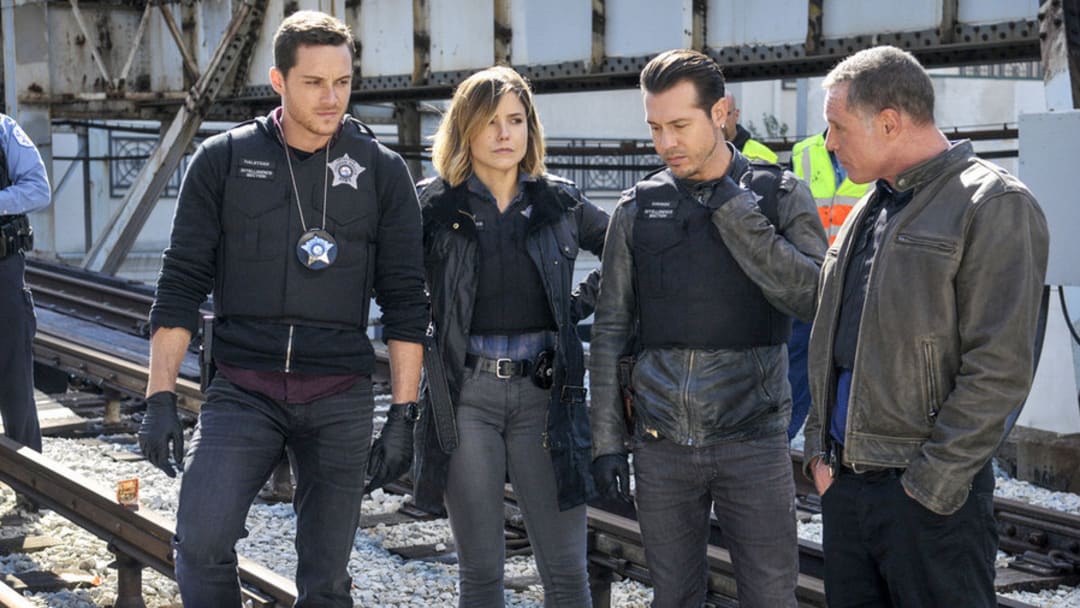 CHICAGO P.D. -- "A Dead Kid, A Notebook, and a Lot of Maybes" Episode 307 -- Pictured: (l-r) Jesse Lee Soffer as Jay Halstead, Jon Seda as Antonio Dawson, Sophia Bush as Erin Lindsay, Jason Beghe as Hank Voight -- (Photo by: Matt Dinerstein/NBC)