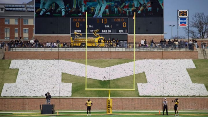 Mar 16, 2024; Columbia, MO, USA; Two Members of the Gold team await a kickoff during the Missouri Tigers' annual Black & Gold Spring Game at Faurot Field.