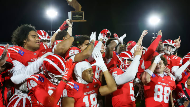 Mater Dei celebrates the 2023 CIF Open Division state title after a convincing win over Serra at Saddleback College in Mission Viejo. 