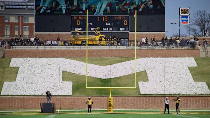 Mar 16, 2024; Columbia, MO, USA; Two Members of the Gold team await a kickoff during the Missouri Tigers' annual Black & Gold Spring Game at Faurot Field.