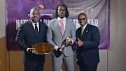 Hardy Pelt (UEN, CRO), Eric Phoenix (HBCU+ National Player of the Year), and Todd Brown (UEN, CEO) were at the 2024 Stats Perform FCS National Awards Banquet.