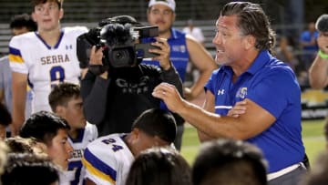 San Mateo Serra football coach always instills passion into his team as shown here following the school's first win ever over De La Salle 24-21 in 2022.