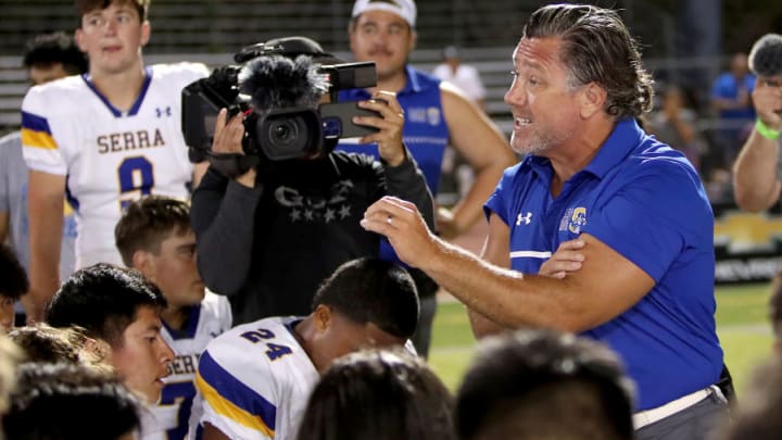 San Mateo Serra football coach always instills passion into his team as shown here following the school's first win ever over De La Salle 24-21 in 2022.