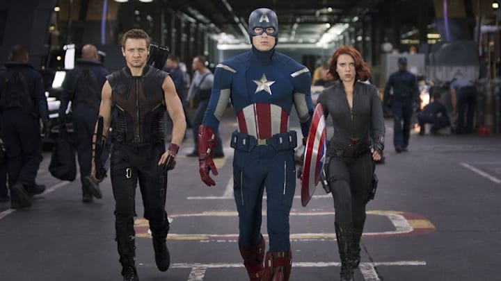 Jeremy Renner, Chris Evans, and Scarlett Johansson in The Avengers (2012) ©Marvel 2012