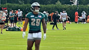 Eagles RB A.J. Dillon at practice on July 26, 2025