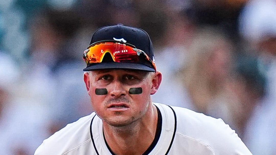 Detroit Tigers first base Spencer Torkelson (20), right, and Arizona Diamondbacks catcher James McCann (8), left, watch a play during the second inning at Comerica Park in Detroit on Tuesday, July 29, 2025.
