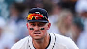 Detroit Tigers first base Spencer Torkelson (20), right, and Arizona Diamondbacks catcher James McCann (8), left, watch a play during the second inning at Comerica Park in Detroit on Tuesday, July 29, 2025.