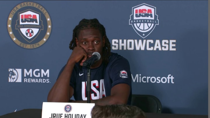 Jrue Holiday answered question about Kevin Durant's availability following Team USA's exhibition victory over Germany.