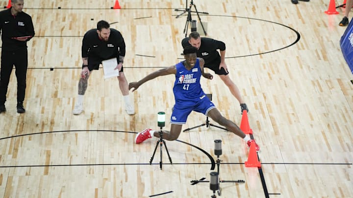 May 12, 2026; Chicago, IL, USA; AJ Dybantsa participates in the 2026 NBA Draft Combine at Wintrust Arena. Mandatory Credit: David Banks-Imagn Images