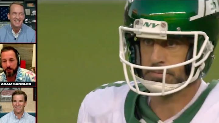 Peyton Manning, Adam Sandler and Eli Manning during the ManningCast broadcast of Monday Night Football's clash between Aaron Rodgers's New York Jets and the San Francisco 49ers. 