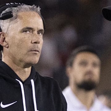 Oct 18, 2025; Stanford, California, USA;  Florida State Seminoles head coach Mike Norvell reacts to the conversation with the referee during the fourth quarter against the Stanford Cardinal at Stanford Stadium. Mandatory Credit: Stan Szeto-Imagn Images