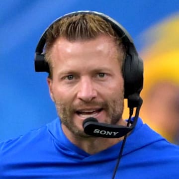 Sep 28, 2025; Inglewood, California, USA; Los Angeles Rams head coach Sean McVay on the sidelines in the second half against the Indianapolis Colts at SoFi Stadium. Mandatory Credit: Jayne Kamin-Oncea-Imagn Images