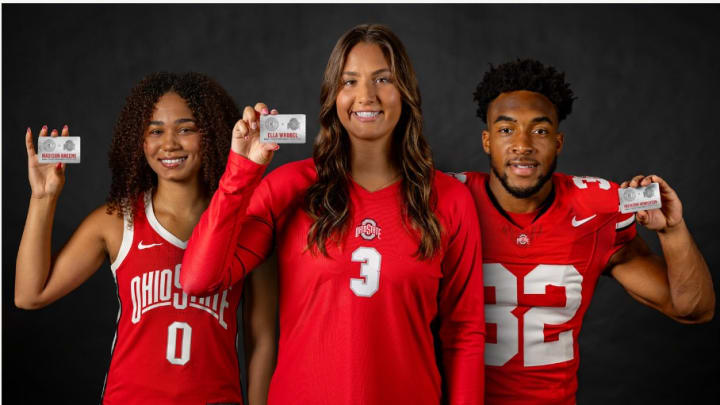 Madison Greene of Ohio State Women's Basketball, Ella Wrobel of Ohio State Women's Volleyball, and TreVeyon Henderson of Ohio State Football pose with their customized Chipotle cards.