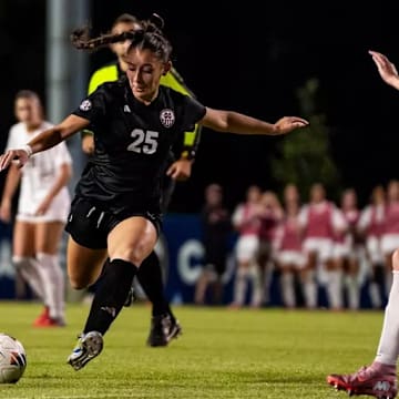 Mississippi State Midfielder Laila Juliette Murillo (#25) during the match between the Arkansas Razorbacks and the Mississippi State Bulldogs at the Ashton Bronsaham Soccer Complex in Pensacola, FL.