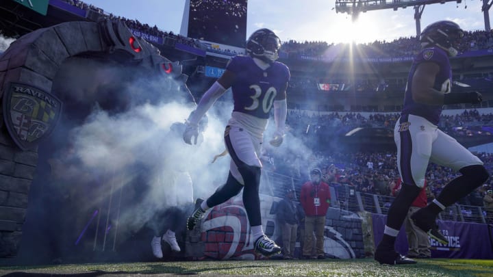 Nov 12, 2023; Baltimore, Maryland, USA;  Baltimore Ravens linebacker Trenton Simpson (30) takes the field before a game against the Cleveland Browns at M&T Bank Stadium. Mandatory Credit: Jessica Rapfogel-USA TODAY Sports