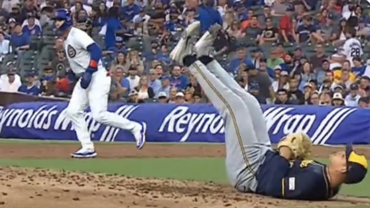 Brewers Pitcher Tobias Myers lost his footing and could only watch as the Cubs' Miguel Amaya took second on a balk.