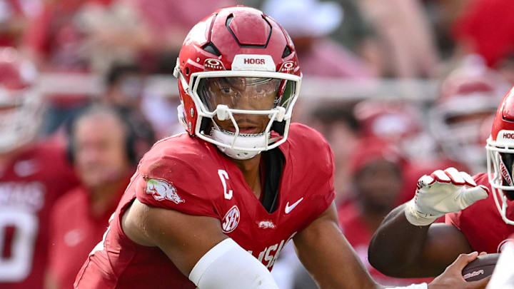 Arkansas Razorbacks quarterback Taylen Green at the mesh point with a running back against the Alabama A&M Bulldogs in the season-opening win at Razorback Stadium in Fayetteville, Ark. Arkansas Razorbacks quarterback Taylen Green at the mesh point with a running back against the Alabama A&M Bulldogs in the season-opening win at Razorback Stadium in Fayetteville, Ark.