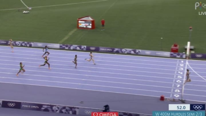 Sydney McLaughlin-Levrone wins the semifinal race in the 400-meter hurdles at the 2024 Paris Olympics.