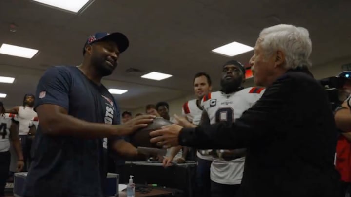 Mayo receives a game ball from Kraft after the New England Patriots defeat the Cincinnati Bengals in Week 1. 