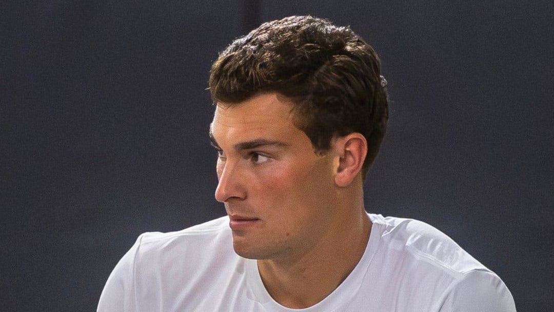 Fernando Mendoza participates in Indiana University's Pro Day at Mellencamp Pavilion on Wednesday, April 1, 2026.