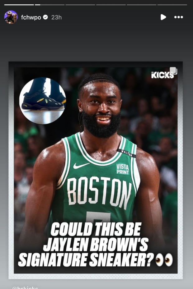 On his Instagram stories, Jaylen Brown shared a post from B/R Kicks wondering if he was working out in his signature sneakers