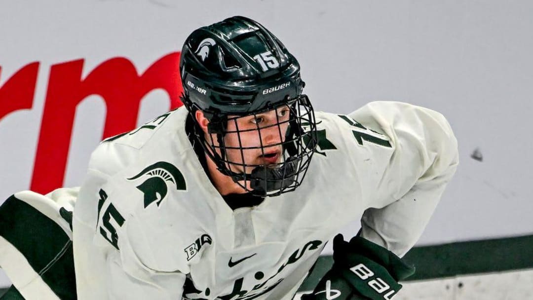 Michigan State's Charlie Stramel moves the puck against Notre Dame during the first period in the Big Ten tournament on Saturday, March 15, 2025, at Muni Arena in East Lansing. Michigan State's Charlie Stramel moves the puck against Notre Dame during the first period in the Big Ten tournament on Saturday, March 15, 2025, at Muni Arena in East Lansing.