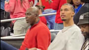 Hakeem Olajuwon and Victor Wembanyama attend the NCAA tournament final between Houston and Florida at the Alamodome in San Antonio.