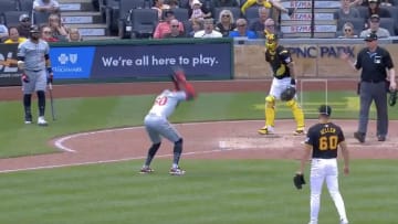 Minnesota Twins vs. Pittsburgh Pirates: Willi Castro slams his helmet to the ground after getting hit by a second pitch in the same game.