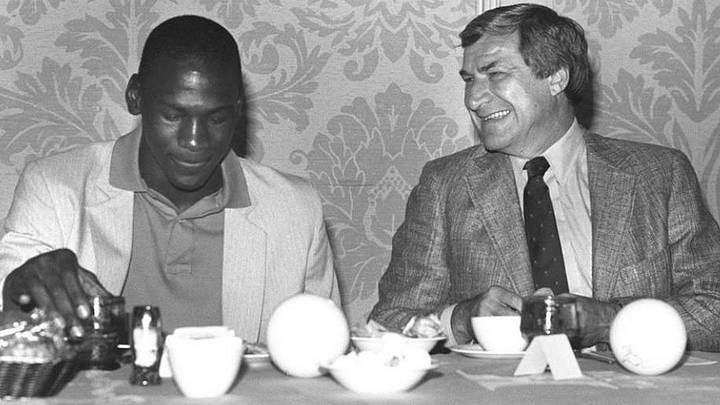 May 15, 1982; Wilmington, NC, USA; FILE PHOTO; Michael Jordan and UNC coach Dean Smith on Michael Jordan Day in Wilmington on May 15, 1982. Mandatory Credit: Star News via USA TODAY NETWORK