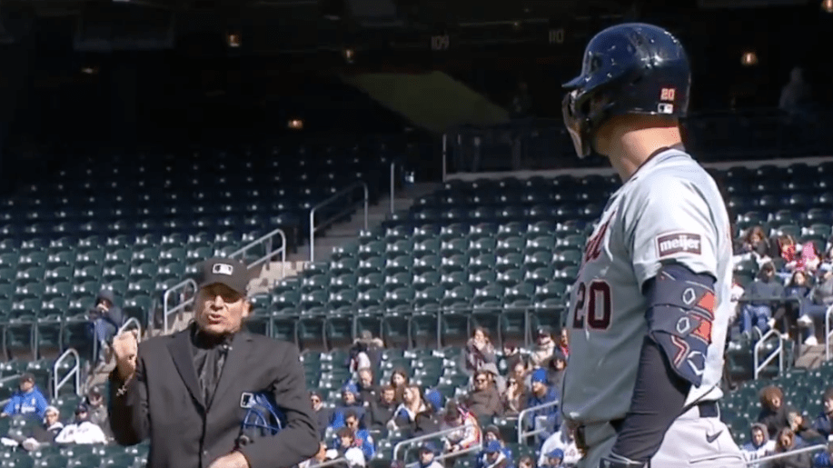 MLB umpire Angel Hernandez ruled that Detroit Tigers' Spencer Torkelson swung on an attempted check swing against the Mets.