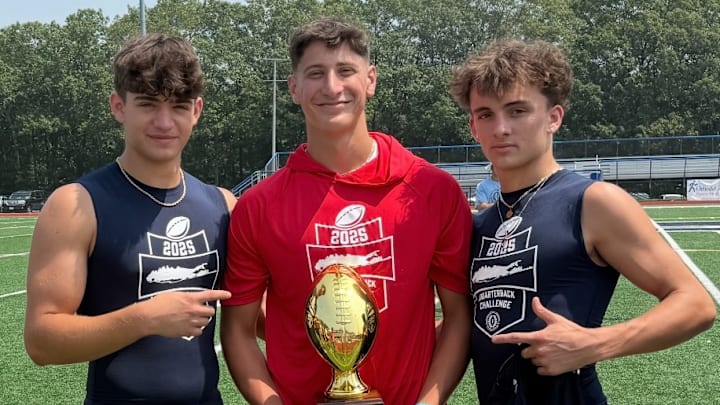 Quarterback Nick Devito (center) and his receivers Vin Lepore (left) and Colten Ford (right) with the NFF QB Challenge Trophy Quarterback Nick Devito (center) and his receivers Vin Lepore (left) and Colten Ford (right) with the NFF QB Challenge Trophy