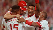 OCTOBER 17, 1990: Eric Davis, center, celebrates with Reds teammates after Bill Bates scored on a Joe Oliver hit to win game two of the World Series against Oakland. Also shown are Glenn Braggs, Bates and Billy Hatcher.

Text World Series Oct 1990 Eric Davis Center Celebrates With Teammates After A Bill Bates Single Scored Davis To Win Game Two Of The World Series Also Shown Glenn Braggs Bill Bates And Billy Hatcher Cincinnati Enquirer Photo By Gary Landers Gl