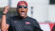 Arkansas Razorbacks defensive line coach Deke Adams during first practice of fall camp in Fayetteville, Ark.