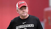 Arkansas Razorbacks offensive coordinator Bobby Petrino during practices at the indoor football center in Fayetteville, Ark.
