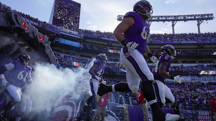 Nov 12, 2023; Baltimore, Maryland, USA;  Baltimore Ravens center Sam Mustipher (61), running back