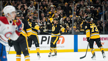 Dec 1, 2024; Boston, Massachusetts, USA;  Boston Bruins right wing David Pastrnak (88) scores on the Montreal Canadiens during the first period of a game at the TD Garden. Mandatory Credit: Natalie Reid-Imagn Images