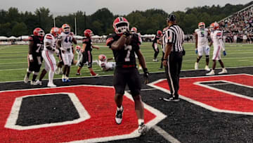 Brandon tailback Tyson Robinson (7) celebrates after scoring a touchdown against Madison Central in a 21-7 win for the Bulldogs on Friday, Sept. 6, 2024 at Brandon, Miss.