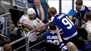Florida Panthers forward Brad Marchand is heckled by Toronto Maple Leafs fans after receiving a misconduct penalty in the third period of Game 5.